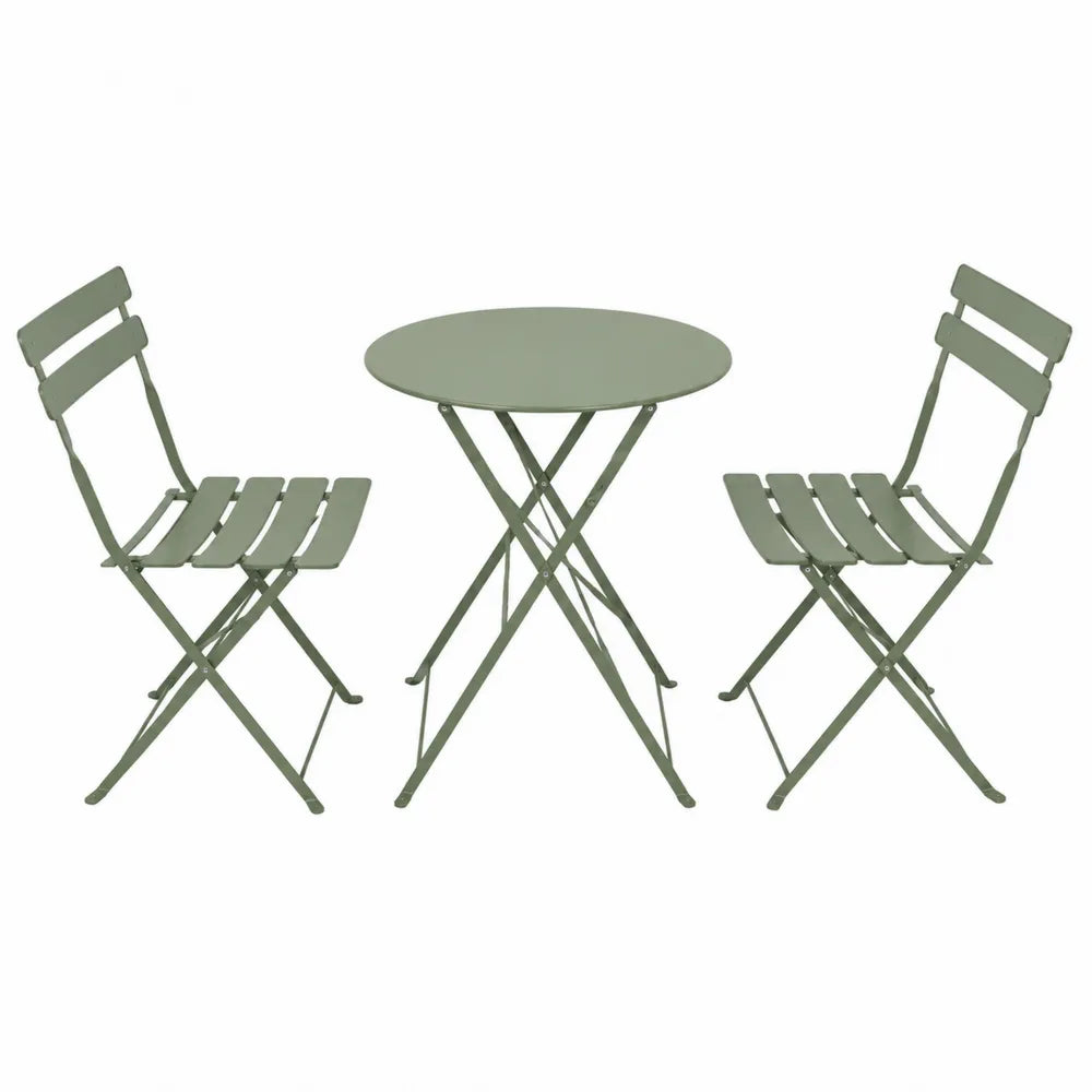 Ensemble de jardin en métal avec table ronde et chaises pliantes vertes