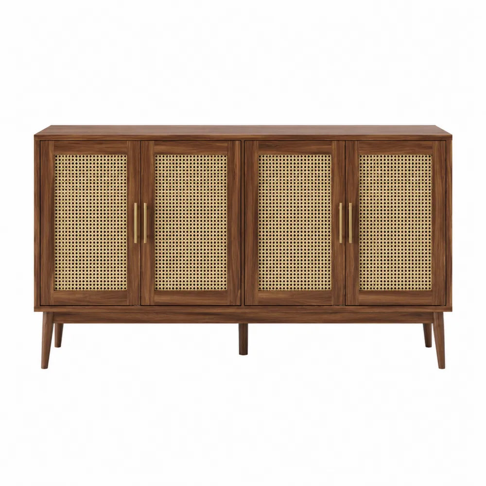 Buffet en bois et rotin 4 portes 180x45x75 cm