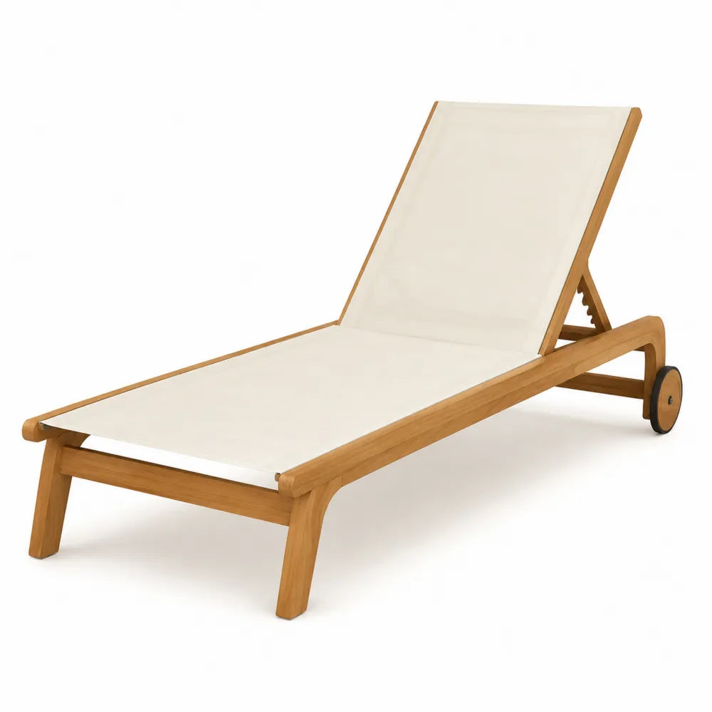Chaise longue en teck avec toile polyester beige