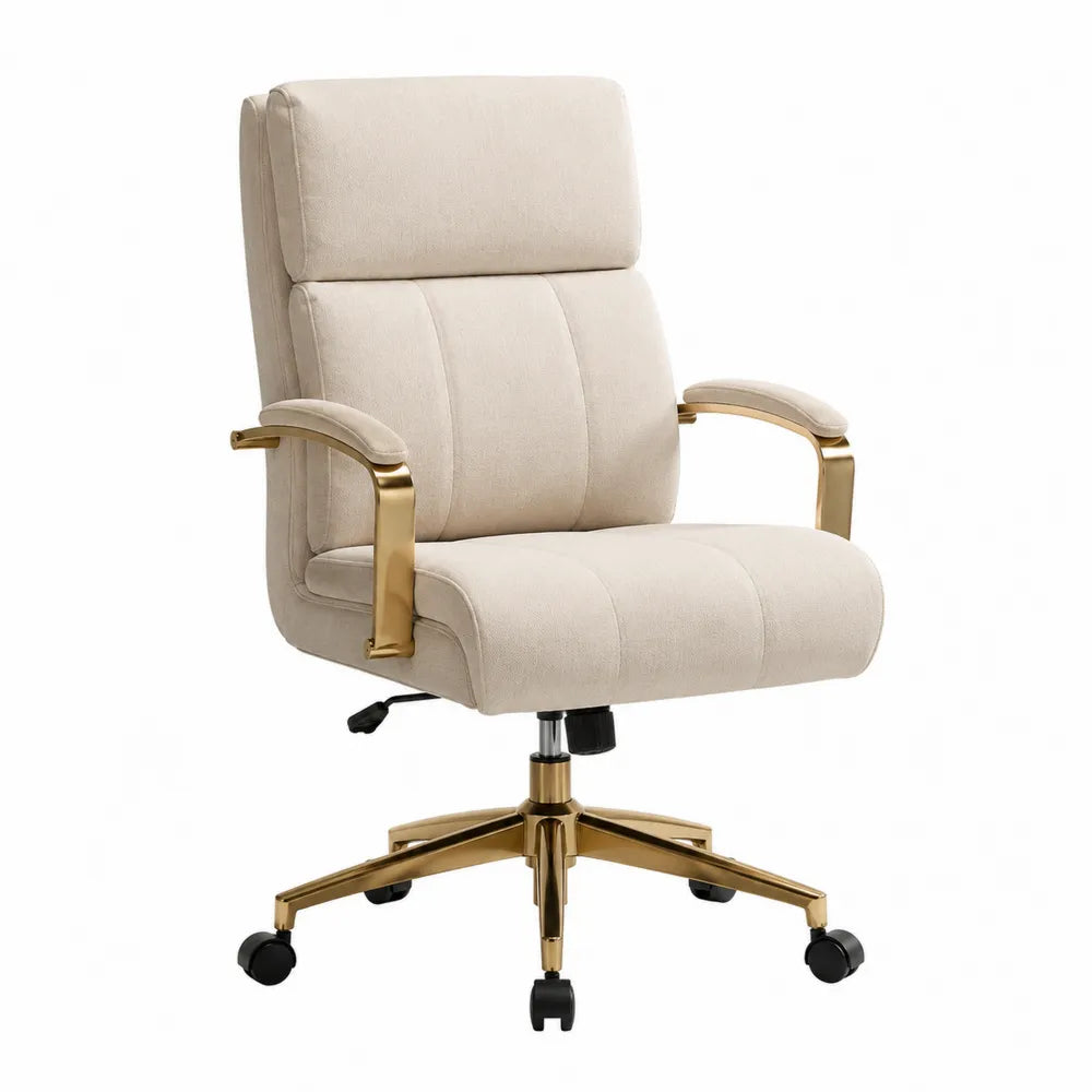 Chaise de bureau en tissu beige avec accoudoirs en métal doré