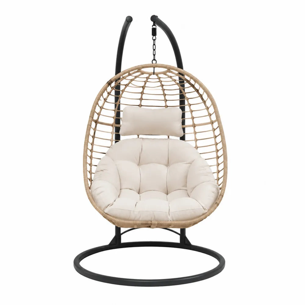 Fauteuil suspendu en rotin beige avec structure en acier