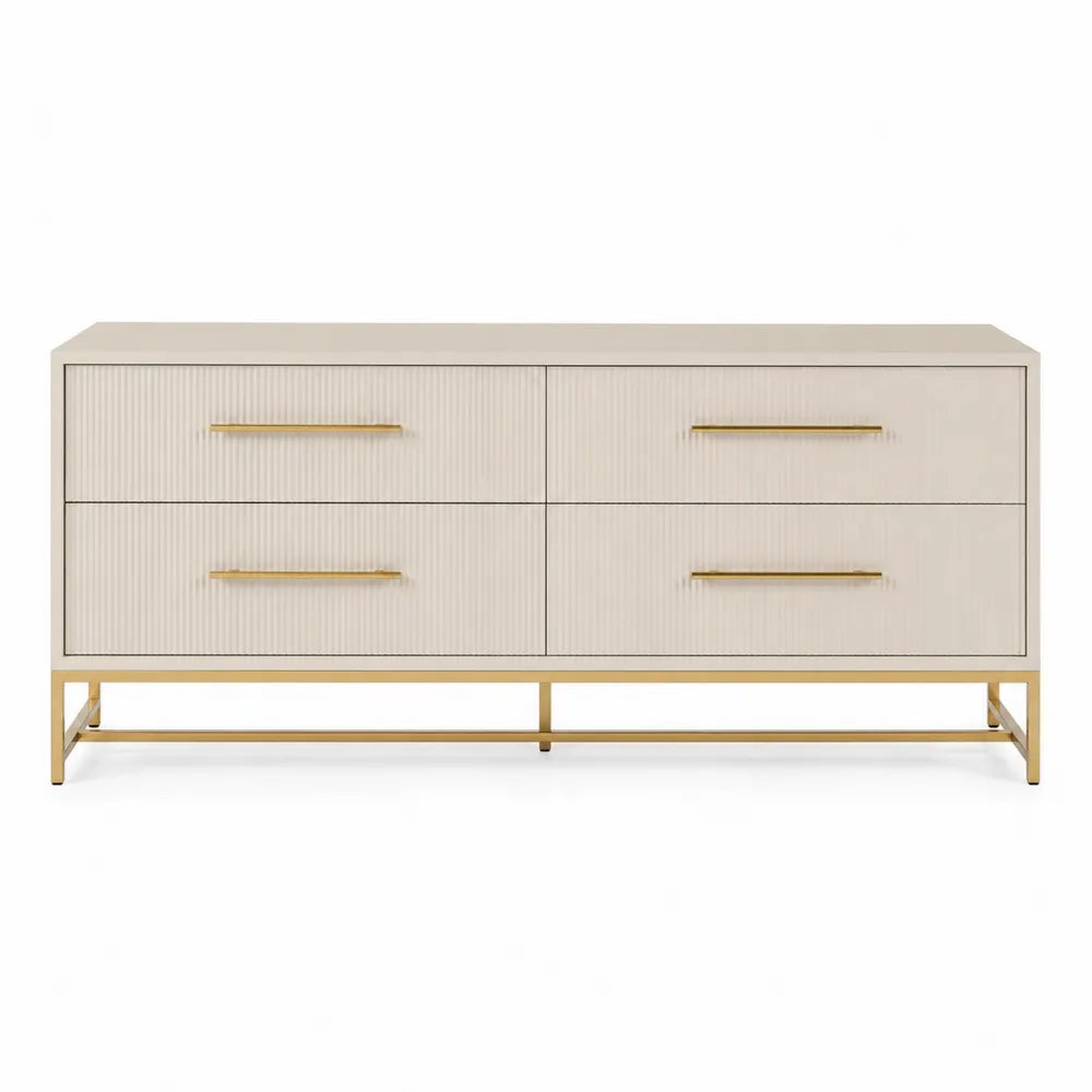 Commode en bois à 4 tiroirs beige avec structure en métal doré