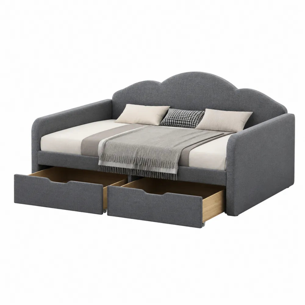 Lit de jour en tissu avec tiroirs de rangement en gris