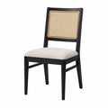 Chaise en bois noir avec dossier en rotin et assise en tissu beige