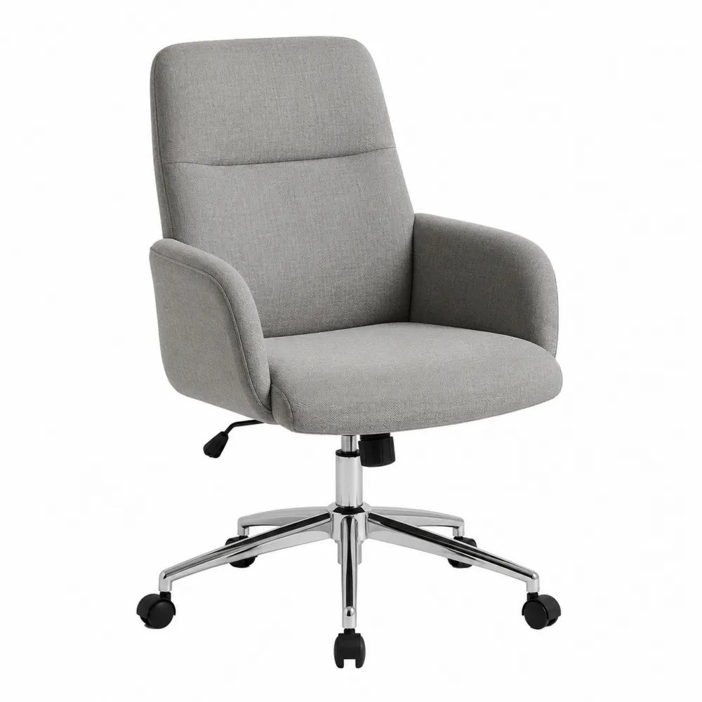 Chaise de bureau pivotante en polyester gris avec base métallique chromée, hauteur réglable