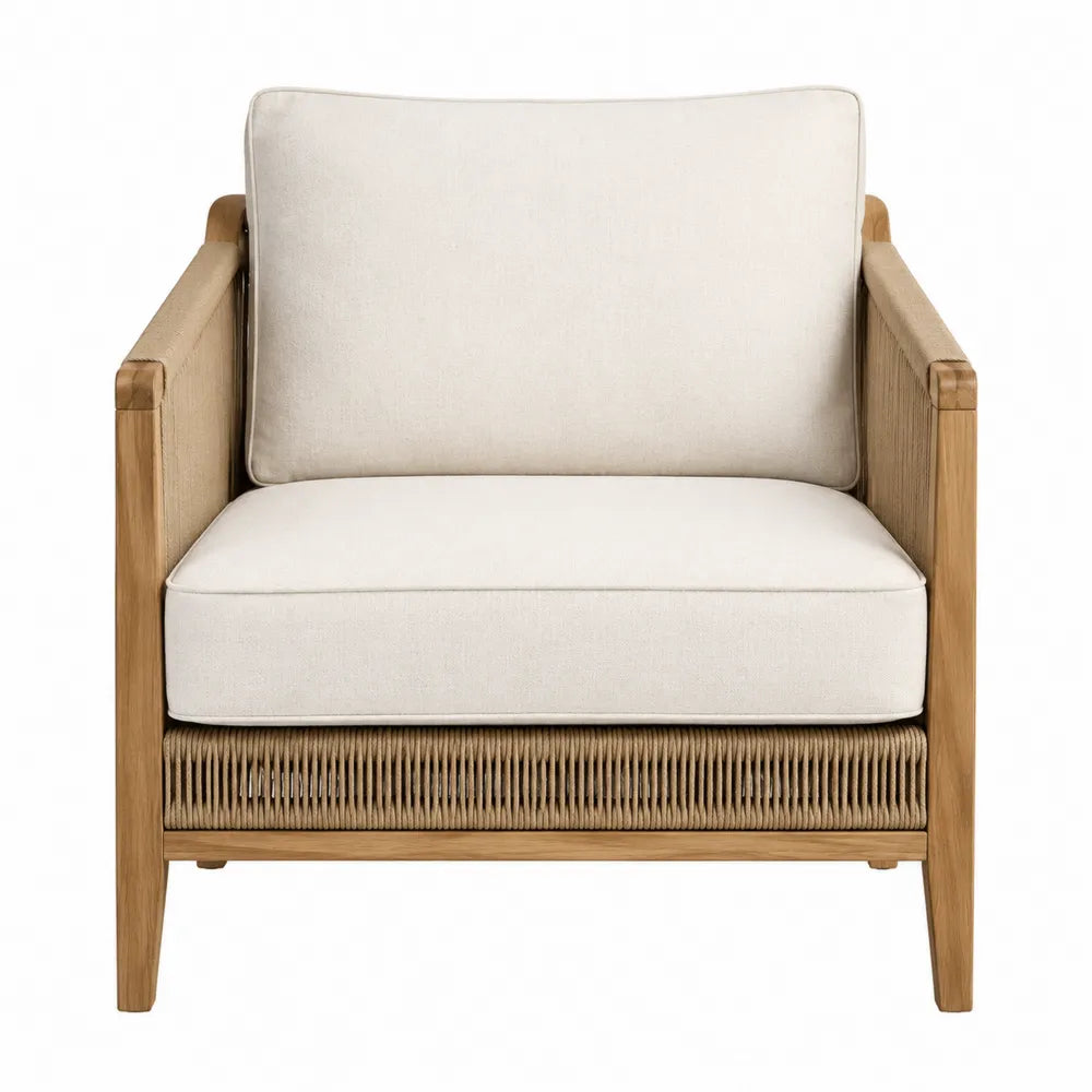 Fauteuil en bois de teck avec coussins en polyester beige