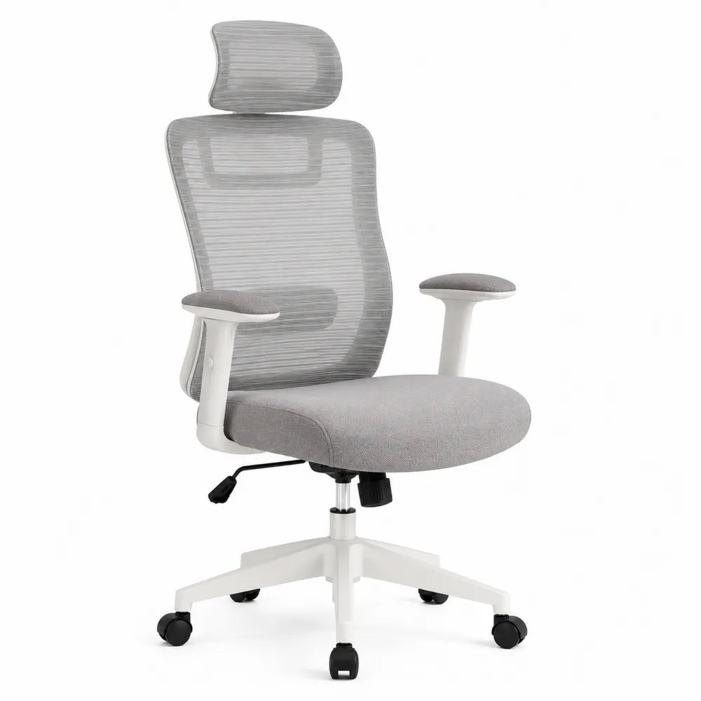 Chaise de bureau en tissu et maille gris avec accoudoirs réglables