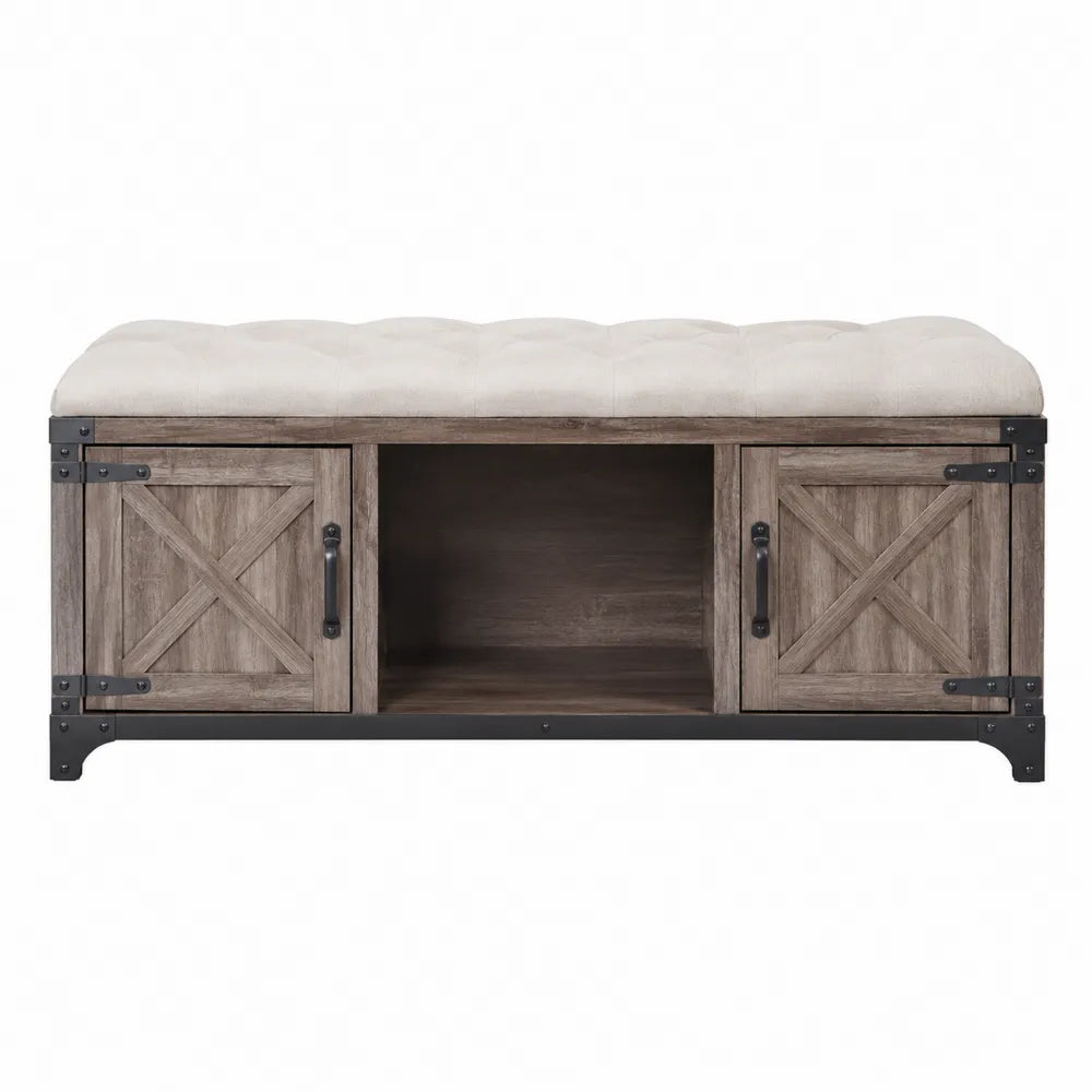 Banc de rangement en bois avec coussin en tissu lin beige