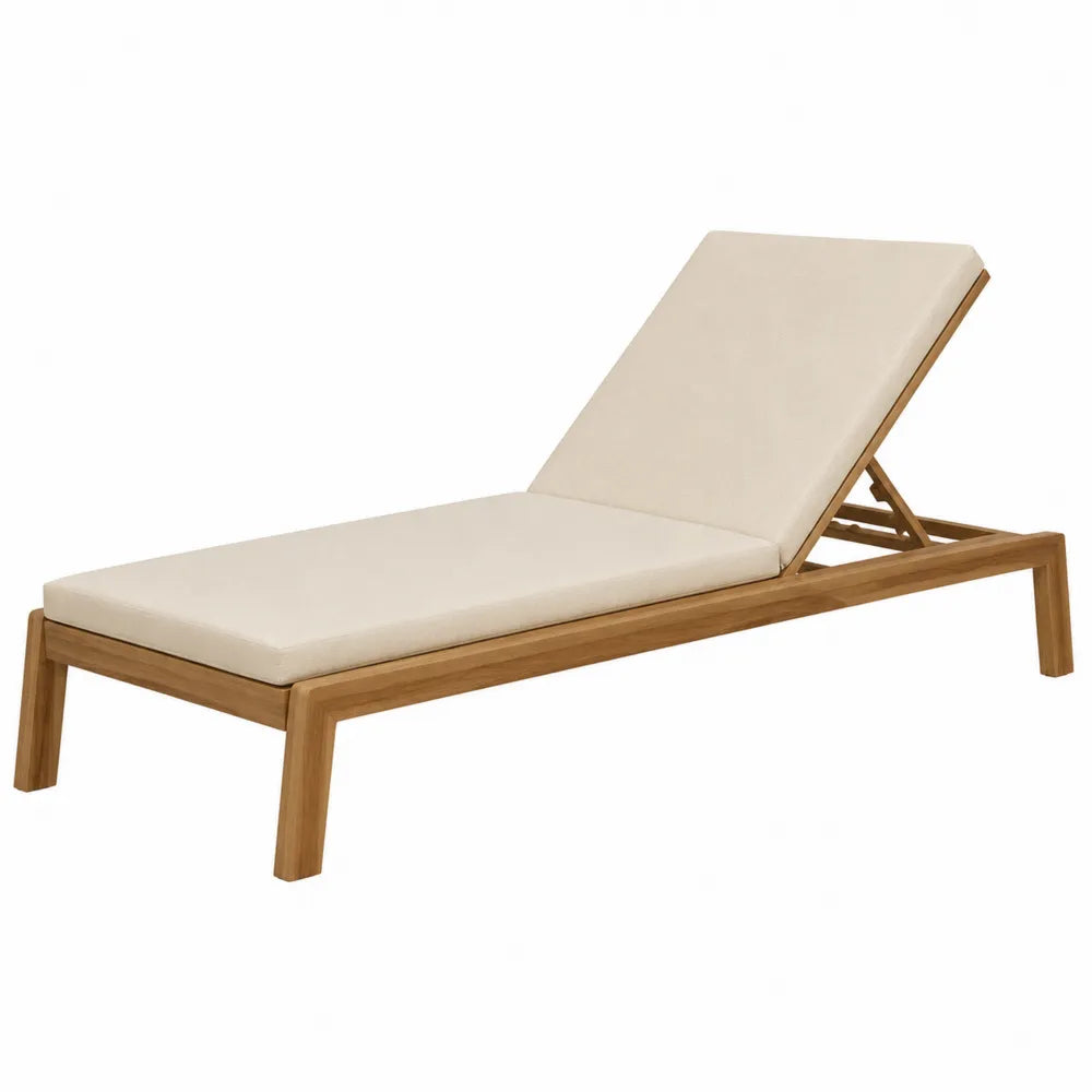 Chaise longue en bois de teck avec coussin polyester crème