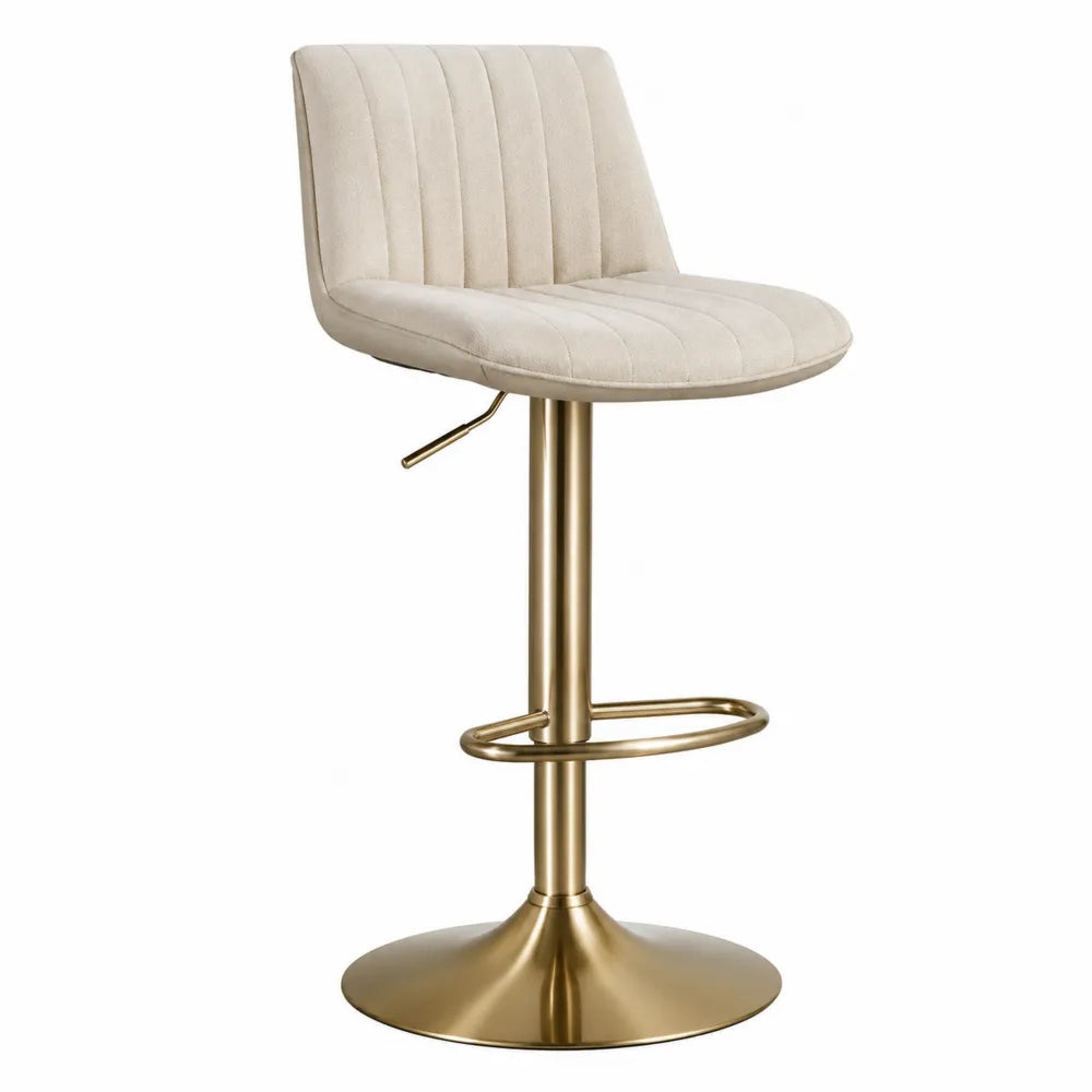 Tabouret en tissu beige avec piètement en métal doré