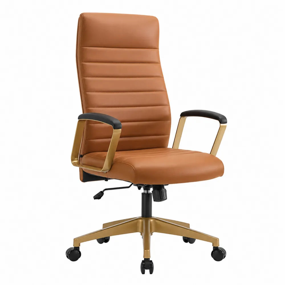 Chaise de bureau en cuir PU marron avec base pivotante en métal doré