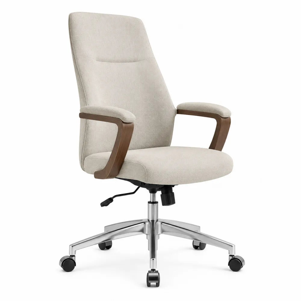 Chaise de bureau en tissu avec accoudoirs en bois et base en aluminium