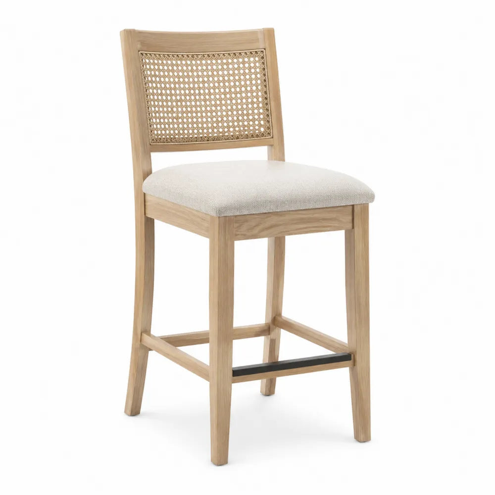 Chaise de bar en bois avec assise en polyester et dossier en rotin