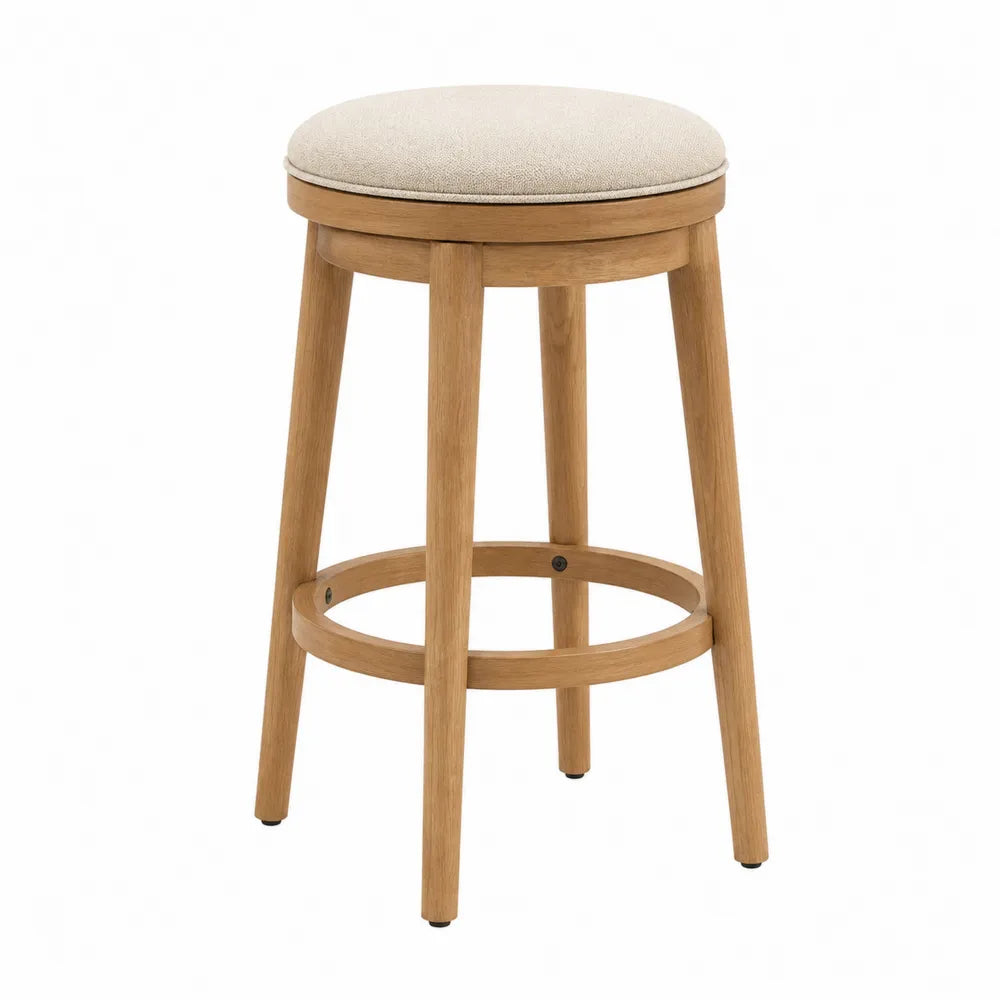 Tabouret de bar en bois avec assise en tissu polyester beige, hauteur 75 cm