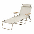 Chaise longue pliante en polyester beige avec cadre acier et accoudoirs bois