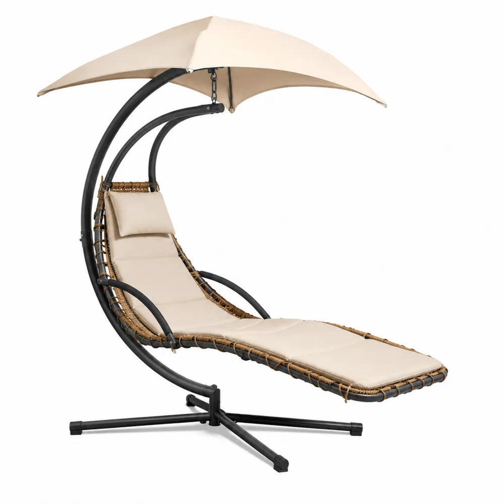 Chaise longue suspendue en acier et rotin avec parasol crème
